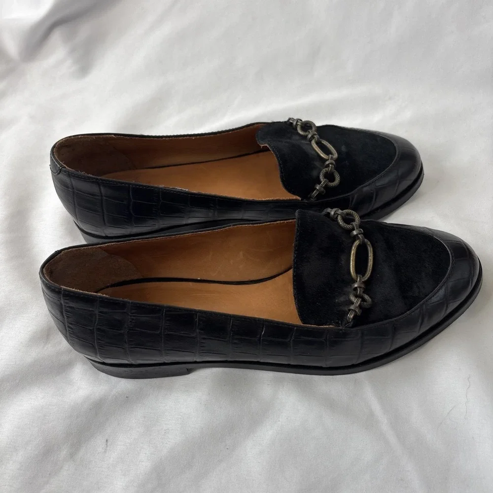 Souliers Sezane Marius Women 6/36 Black Loafers Croc Leather Chain Embellishment - Picture 4 of 12